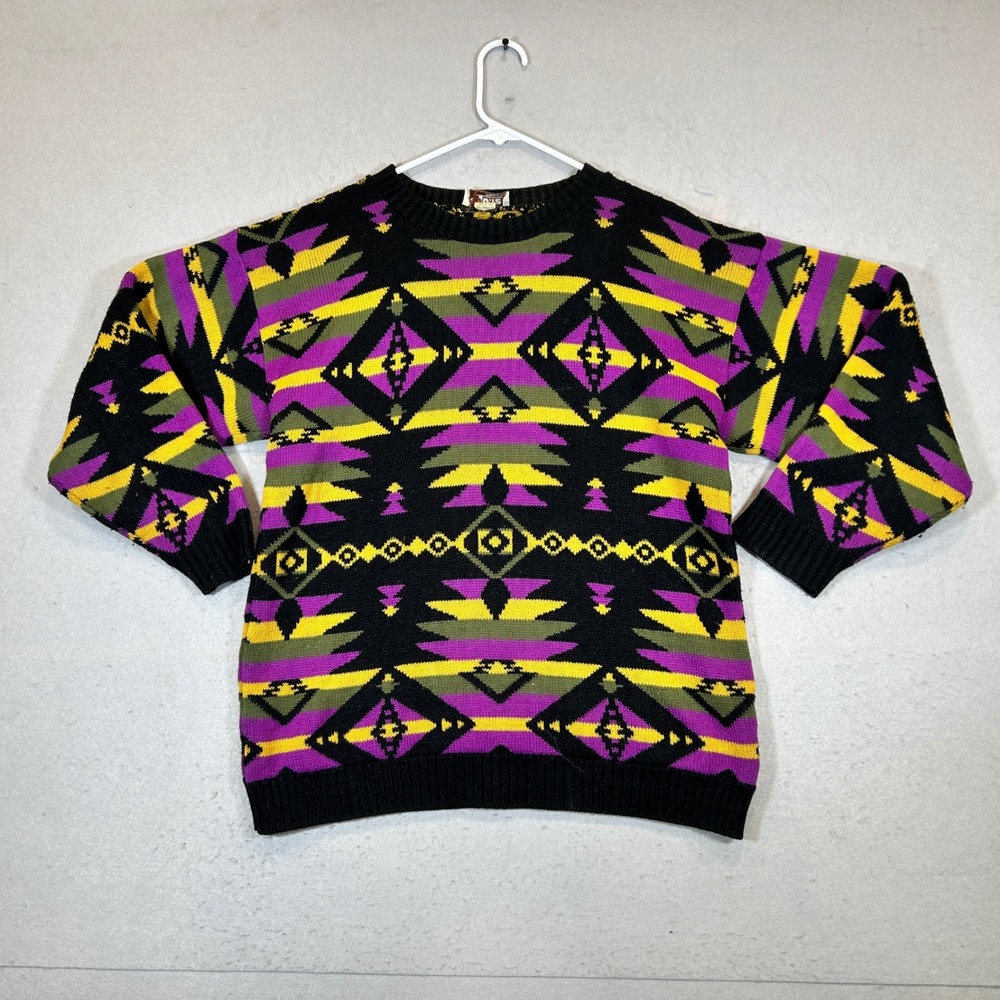 Vintage Sweater Mens Aztec Southwestern Jolie Geometric Knit Black made in Usa